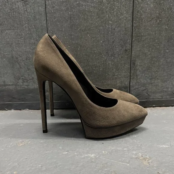 SAINT LAURENT PARIS dark gray suede leather platform stiletto heel shoes - Picture 3 of 9
